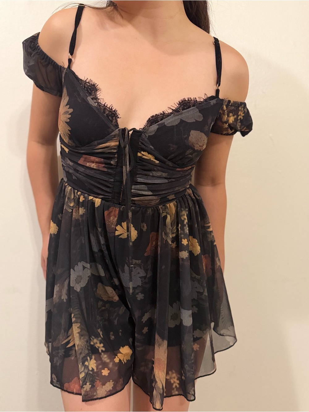 Urban Outfitters Off-Shoulder Babydoll Romper Mesh Black with Muted Floral Print